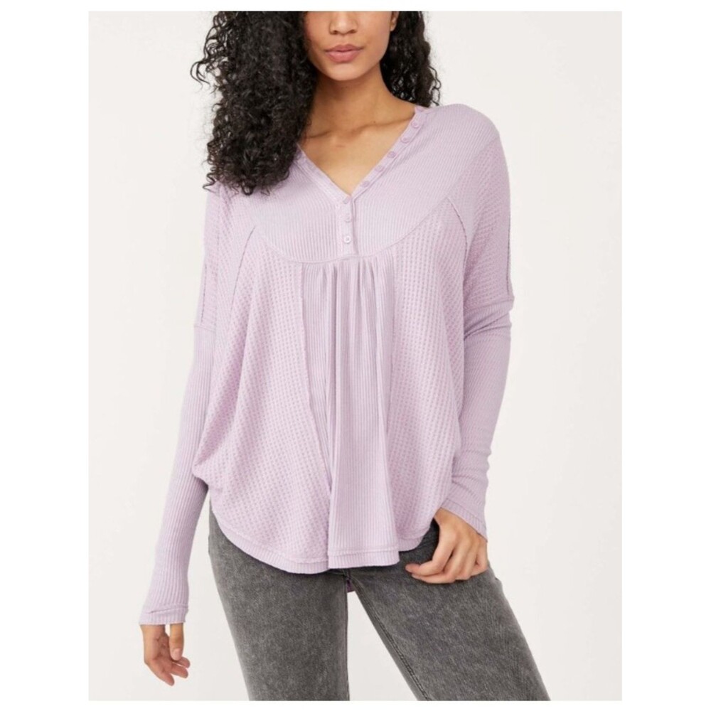 Free People Purple Leo Henley Oversize Waffle Knit Ribbed Boho Tunic Top Medium